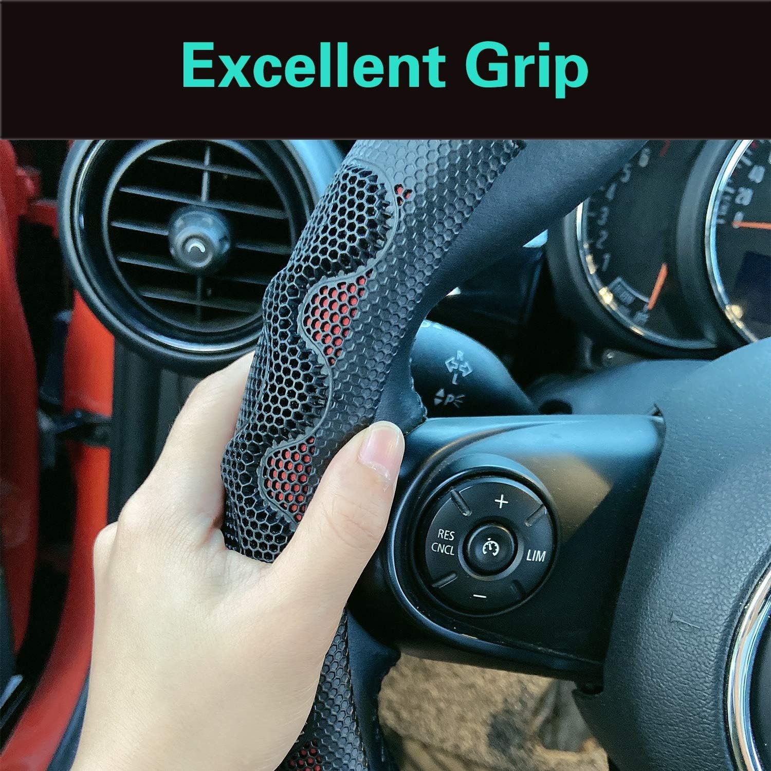 MELCO GripDrive Red Carbon Fiber,Standard 15 inch Size, Faux Leather Comfort Grip, Car Steering Wheel Cover for Truck Van SUV